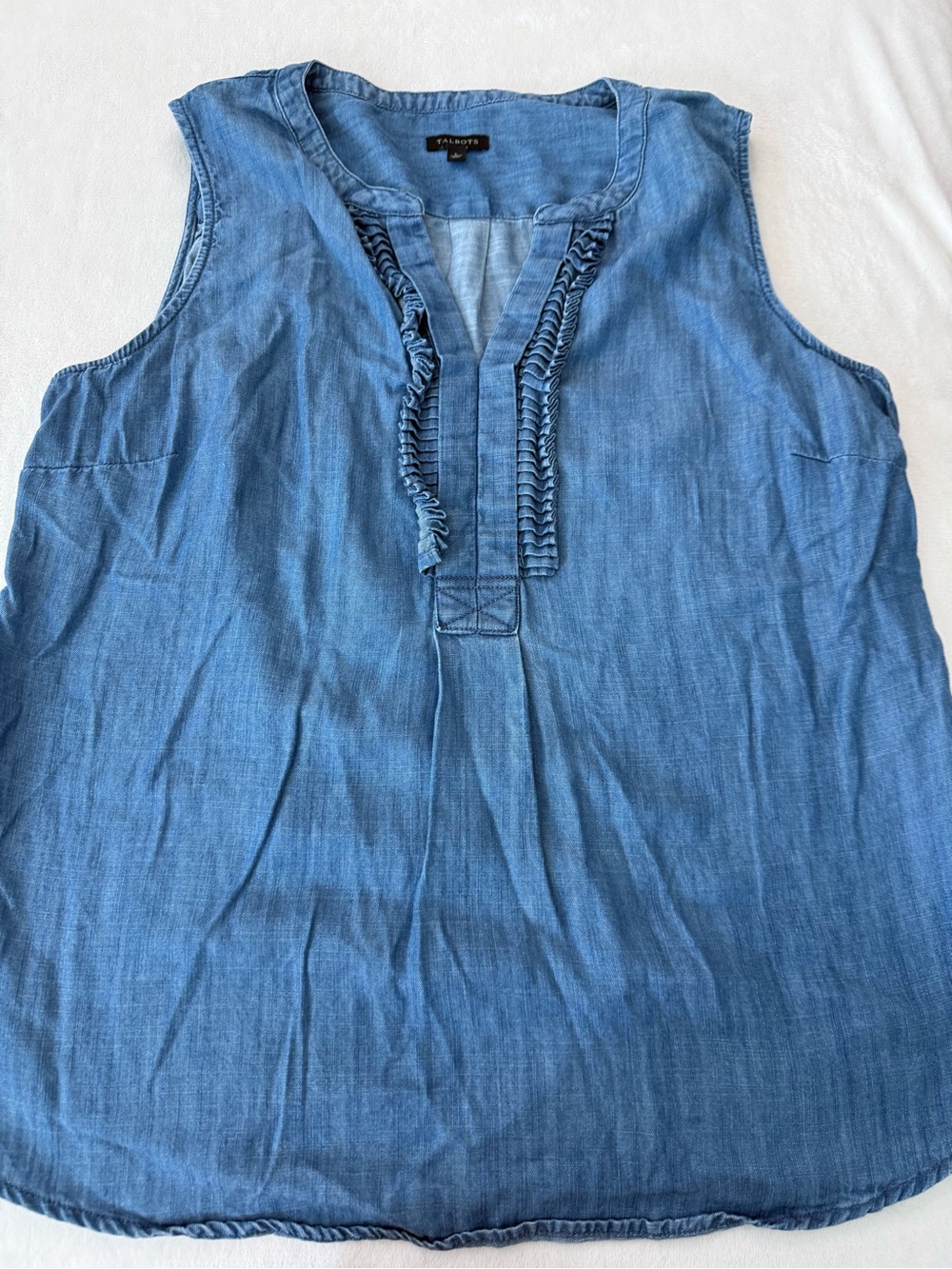 Talbots Blue Sleeveless Ruffle-Trim Chambray Top Large d83